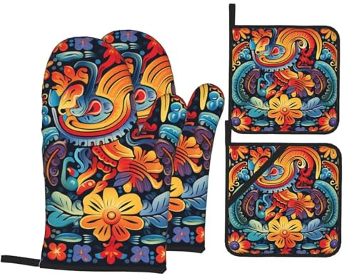 Juego de 4 manoplas de horno y agarraderas antideslizantes resistentes al calor, almohadillas calientes, guantes de horno mexicanos, guantes de cocina, manoplas antideslizantes para cocinar, hornear
