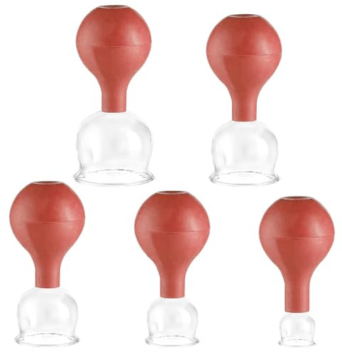 5 Pezzi Coppette per Coppettazione Massaggio Viso in Vetro, Aspirazione Sottovuoto in Silicone, Cupping Therapy per Anticellulite, Antirughe e Pelle Senza Età, per Occhi, Viso e Corpo (Rosso Ferro)