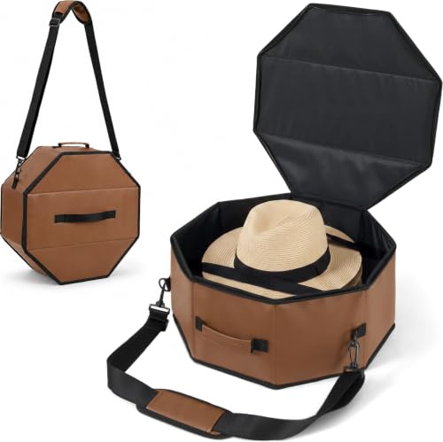WERNNSAI Hat Storage Box for Travel, Reinforced Hat Organizer with Padded Shoulder Strap, Men Women Faux Leather Travel Case with Lid for Cap Closet Bedroom Dorm