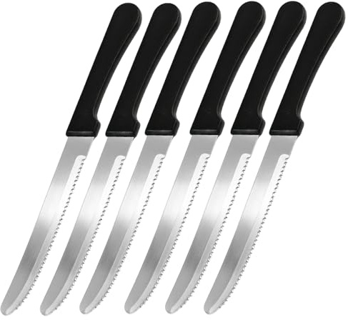 Set de 6 Cuchillos de Mesa para Carne, Cuchillos de Sierra de Hoja Ondulada con Mango de Plástico, Negro, Diseño Ergonómico,Ideal para Carne, Pan, Pizza, Restaurante, Hogar, Aptos para Lavavajillas