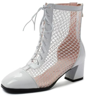 Genérico Botas Mujer Punta Cuadrada Tacón Bloque Malla Cordones Charol Cuero Botines Tobillo Rodilla Alta Botas Malla Transparente con Cierre Cremallera Trasera,Blanca,47 EU