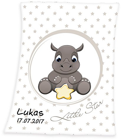 Wolimbo Babydecke mit Namen personalisiert - Motiv Nashorn - Besticktes Geschenk für Mädchen und Junge