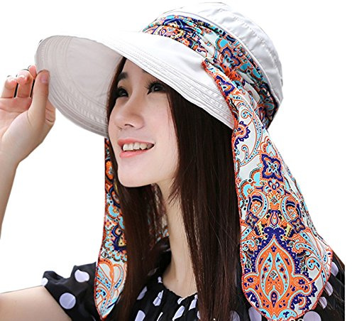 Elonglin Femme Chapeau de Soleil Plaint Anti-UV Casquettes Visières d'été Large Visière avec Protecteur de Cou Beige