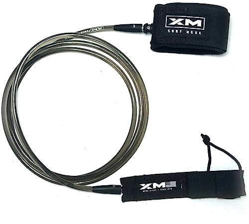 XM SURF MORE Premium Surfboard Leash, 8ft, Made in USA, Big Wave Cord Thickness (0.313in), Key Pocket, Unbreakable Swivels, Detachable Railsaver, Smoke Leash, Black Strap, Kink-Free [3 Year Warranty]