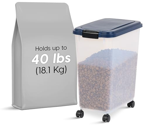 IRIS USA Airtight Dog Food Storage Container, Up to 40 lbs, Attachable Wheels, For Dog Cat Bird and Other Pet Food Storage Bin, Keep Fresh, Translucent Body, Easy Mobility, Navy