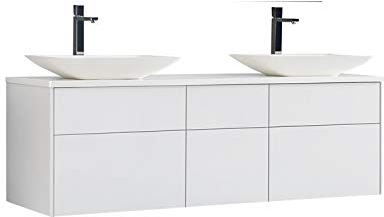 StoneArt Badmöbel Set Mineralguss Waschbecken Waschschale Aufsatzwaschbecken und Unterschrank Waschtisch Einzel- oder Doppelwaschbecken Venice VE-1610pro-1 weiß 160cm
