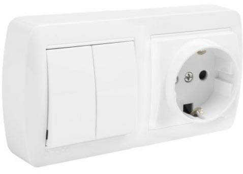 Schuko + Interruptor/Conmutador de Superficie • Interruptor conmutador DOBLE de superficie • Enchufe de pared • Toma corriente • Color blanco