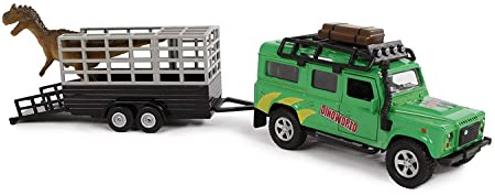 Kids Globe Land Rover vehicle with dinosaur on trailer (the cast, PullBack; 29 cm) 520178