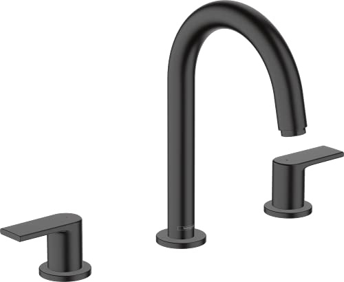 hansgrohe 3-Loch Waschtischarmatur Vernis Shape, Wasserhahn Bad mit Auslauf Höhe 150 mm, mit Zugstange, Badarmatur wassersparend, Mattschwarz