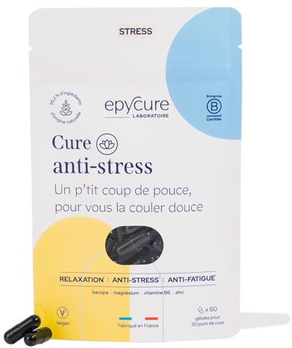 EPYCURE - Cure Anti-Stress - Réduit Cortisol, Soulage Stress & Fatigue Nerveuse - Action 2 en 1-95% Naturel - Vitamines B6, B9, B12 et Magnesium - 1 Mois - Vegan - Fabriqué en France