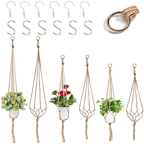 WAIZHIUA Makramee-Pflanzenaufhänger, Juteseil, Hängepflanzkorb, Blumentopf, Hängepflanzenhalter mit 3 Haken zum Aufhängen für drinnen und draußen, Decke, Garten, Heimdekoration