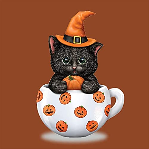 Peinture Diamant 5d Complet, Chat De Tasse De Thé D'Halloween 60x60cm DIY 5D Diamant Peinture Point De Croix Broderie Diamond Painting Kits Mosaïque Toile Artisanat Home Décoration Autocollant Mural