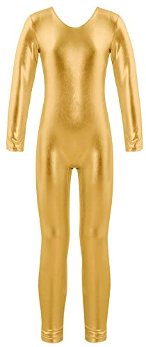 inlzdz Kids Girls Shiny Metallic Gymnastics Ballet Dance Leotard Long Sleeve Unitard Jumpsuit Catsuit Costumes Long Sleeves Gold 13-14 Years