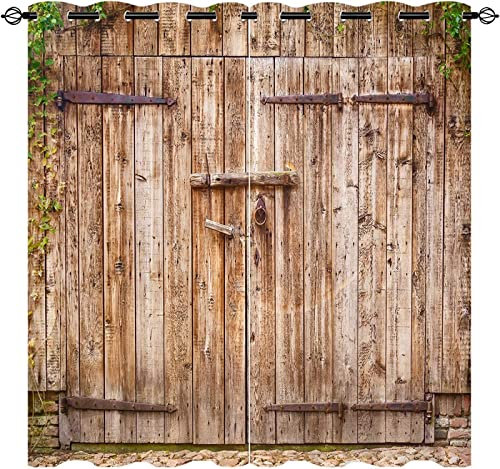 HATEGE Vorhang Blickdicht Vintage-holztür Gardinen mit Ösen 3D Bauernhof Scheune Blickdichte Vorhänge Thermovorhang Kälteschutz Verdunklungsvorhänge für Wohnzimmer Schlafzimmer 2er Set 140x145 cm（BxH