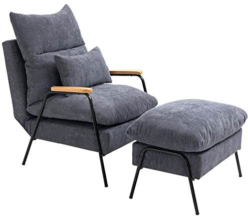HOMCOM Relaxsessel mit Hocker Sessel mit Verstellbar Rückenlehne, Liegefunktion, Kissen, Loungesessel Modern Polstersessel mit Kord-Optik für Wohnzimmer bis 180 kg belastbar, Grau