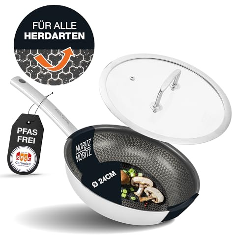 Moritz & Moritz Edelstahlpfanne mit Deckel 24cm und Keramikbeschichtung der neuesten Generation - für alle Herdarten geeignet - Antihaft Pfanne Wabenstruktur zum Kochen, Braten und Schmoren