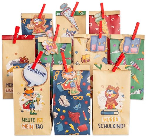 Papierdrachen 12 Geschenktüten mit tierisch starken Anhängern und Klammern - perfekte Geschenkverpackung zur Einschulung - Set 4