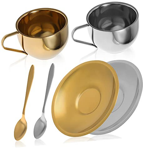 STOBAZA 2sets Tazzine Da Caffè in Acciaio Resistente Tazzine Da Tè Stile Europeo Con Piattino e Cucchiaio Facili Da Pulire Per Uso Domestico e Regalo