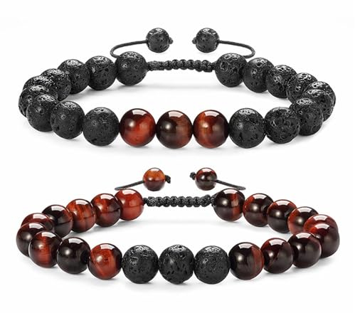 Homxi Damen Herren Armband mit Steinen,Beads Armband Damen 8MM Perlen Tigerauge Damen Armband Perlen Rot Schwarz
