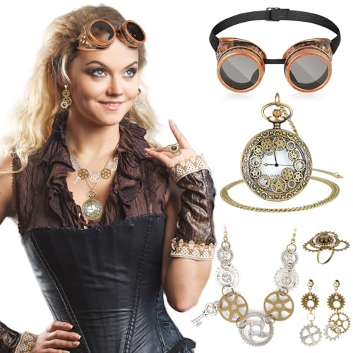 DPKOW 5 Pezzi Accessori Steampunk, Occhiali Steampunk Orologio da Tasca Meccanico con Catena, Ingranaggi Steampunk Collana Orecchini Anello per Accessori Costume Carnevale