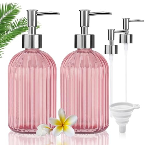 14 Oz Glass Soap Dispenser with Funnel, Clear Hand Soap Dispensers with Plastic Pump, Bathroom Kitchen Refillable Lotion Dispenser Liquid Container for Shampoo, 2 Set