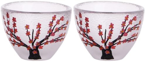 Ciieeo Japanese Hand Painted Sake Glass, 2 Pack | Vintage Plum Blossom Ceramic Cups for Whiskey, Oolong Tea, Spirits, Home Bar & Restaurant