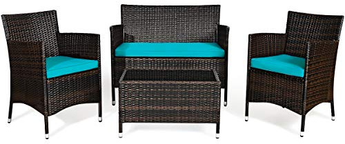 Goplus 4-Piece Rattan Patio Set, Outdoor/Indoor Wicker Conversation Set for Pool, Backyard, Lawn, Wicker Chairs and Sofa with Soft Cushion, Rattan Furniture with Tempered Glass Coffee Table