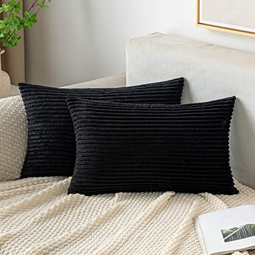 EMEMA Kissenbezug 40x60 Kordsamt Kissenbezüge Schwarz Dekokissen | Sofakissen Cord Kissenhülle Zierkissenbezug Kord Dekorative Weiche für Sofa Wohnzimmer Schlafzimmer 2er Set