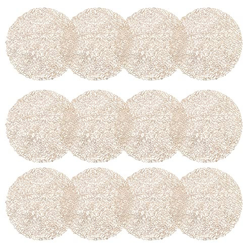 Paquete de 12 manteles individuales huecos redondos de PVC de 38 cm, antideslizantes, lavables, manteles individuales de vinilo para decoración de boda, comedor, boda, vacaciones, fiesta (dorado)