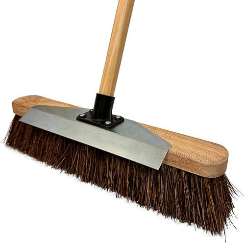16” Heavy Duty Garden Outdoor Broom With Metal Scraper and Wooden Handle Stiff Bassine Hard Bristle Yard Broom with Durable Support Bracket Sweeping Yard Brush (PACK OF 1)