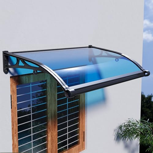 Vordach für den Außenbereich Polycarbonat Platte blau,Transparente kompakte Polycarbonatabdeckung,Haustür-Vordächer Wandhalterung Aluminium Schwarz,Automatische Entwässerung (60 x 100 cm)