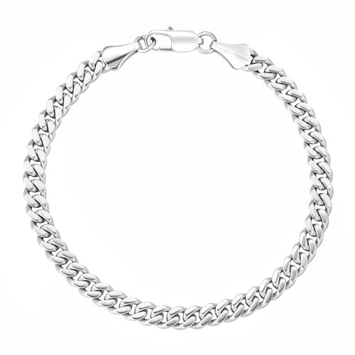 KRKC Herren Armband, Silber Farbe 5mm Edelstahl Panzerkette Cuban Armband, Nickel-frei Rostfrei Armbänder für Männer Länge 19cm