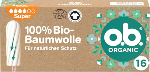 o.b. Organic Super (16 Stück), Bio Tampons für starke Tage aus 100% Bio-Baumwolle mit geschwungenen Rillen für zuverlässigen & natürlichen Schutz (Packung mit 5)
