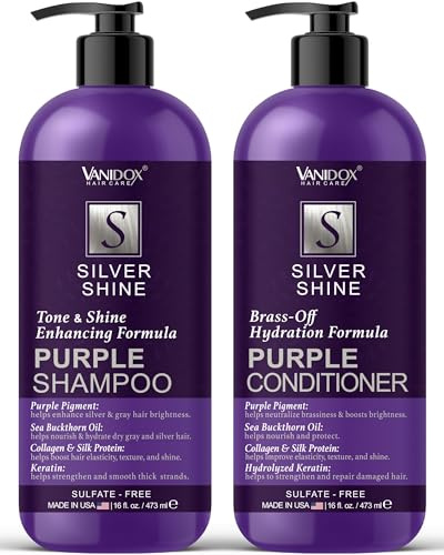 VANIDOX Sulfate Free Brass Toning Purple Shampoo and Conditioner Set for Grey and Silver Hair, Moisturizing & Color-Safe, Enhances Shine & Brightness, Made in USA (16 fl oz each)