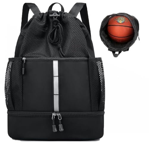 Nokwocy Borsa da palestra con coulisse, per uomo e donna, zaino sportivo in rete, con scomparto bagnato e scomparto per scarpe, borsa leggera da spiaggia e nuoto (Black)