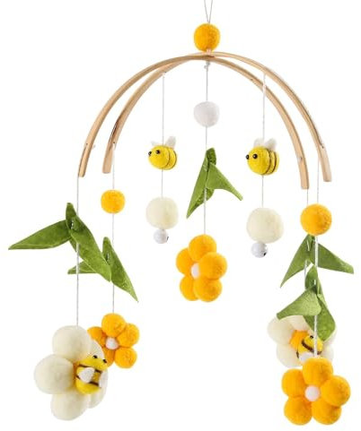Carillon Éolien avec Boules de Feutre - Mobile Lit Bébé en Bois, Abeilles Fleurs pour lit d'Enfant, Cloche Suspendue, Table à Langer Décoration