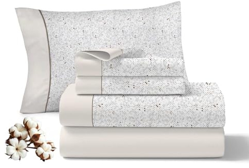 Viuda de Tolra | Juego de Sábanas 3 Piezas Beige para Primavera/Verano 100% Algodón para Cama 150 cm | Incluye Sábana Encimera, Bajera Ajustable y Funda Almohada | Modelo Encanto