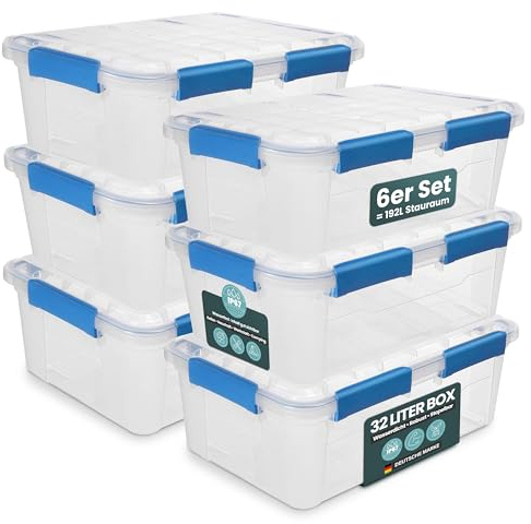Kreher® Aufbewahrungsbox 32 Liter mit Deckel – wasserdicht & staubdicht, transparent & stapelbar, BPA- & schadstofffrei, robuste Kunststoffbox mit Silikondichtung & 6 Clips (6, 32 Liter)