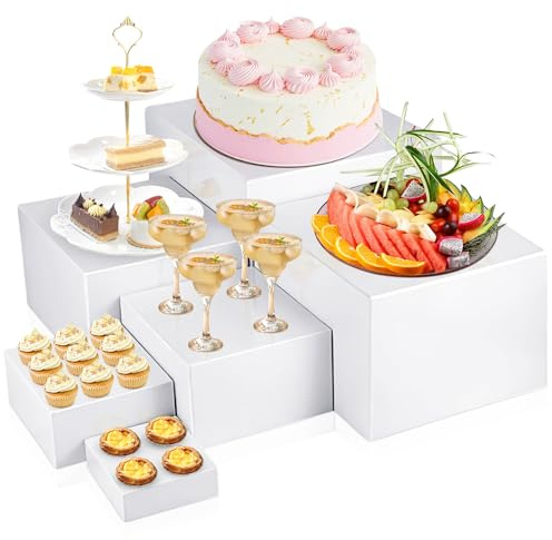 WENLISELL 6 PCS White Buffet Risers, Food Risers for Buffet Table, Acrylic Cube Display Box Riser Nesting Riser Stands for Dessert Cake, Weddings, Cupcake, Jewelry, 3x4x5x6x7x8 Inch