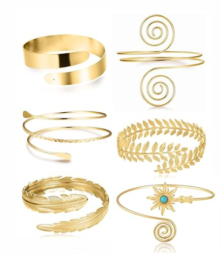 PLOMFOV 6 Pcs Arm Cuff Jewelry for Women Gold Upper Arm Bands Bangle Arm Cuffs Bracelet Adjustable Armlet Set