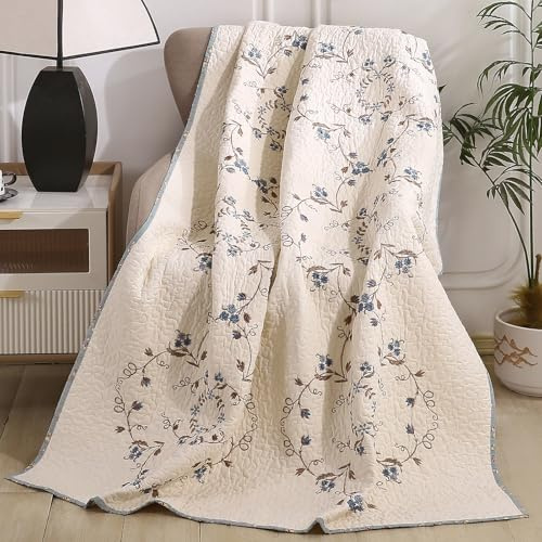 vctops 100% Cotton Quilted Throw Blanket 50x60 Inch Floral Embroidered Reversible Patchwork All Season Throw (Blue,50x60)