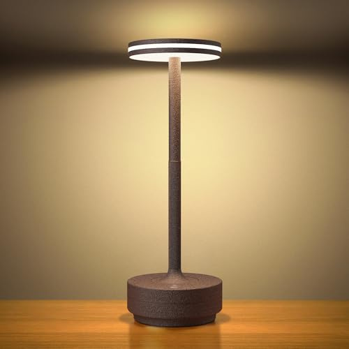 Hapfish Lampada da Tavolo Senza Fili,5000mAh Ricaricabile LED,Ristorante | Eye-Protect Lampada da Comodino USB,Dimmerabile,3 Modalità di Colore,Impermeabile,per Interno/Ristorante/Esterno(Ruggine)