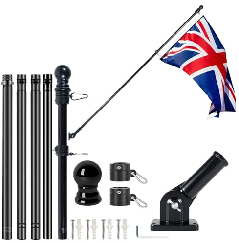 GIOTUK 6FT Flag Pole Kit for Outside House with Bracket, Heavy Duty Stainless Steel Metal Flagpole Set, Adjustable Garden Yard Outdoor Wall Mount Flag Pole with Union Jack UK Flag(5ft x 3ft), Black