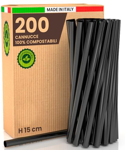 200 Cannucce Larghe Jumbo Colore Nero 15 cm x 8 mm - 100% Rigide Ecologiche Biodegradabili Compostabili e Riutilizzabili Made in Italy - Ideali per Bevande Cocktail Drink Eventi e Feste