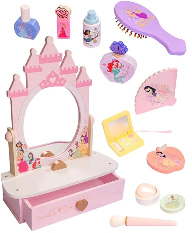 Disney Princess Wooden Vanity Unit with Mirror & 10 Accessories – Kids Pretend Play Dressing Table Set – Durable Wooden Design Featuring Rapunzel, Belle, Ariel & More – Ages 3+
