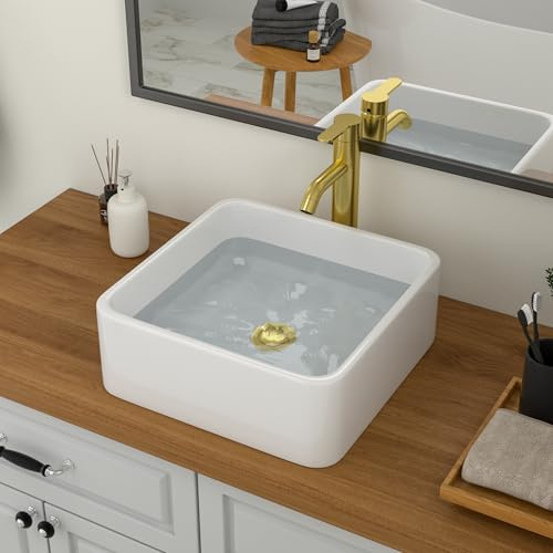 Logmey 15x15 Vessel Sink Square White Ceramic Porcelain Above Counter Bathroom Sink, Modern Sleek Countertop Vanity Sink for Bathroom Renovation