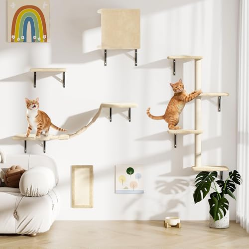 Furpal Katzen Kletterwand Set 5-teilig – Wandmontierte Katzenwand für Wohnungskatzen, mit Katzenhaus, Katzenbrücke, Kratzsäule & Kratzbrett, Platzsparend, beige