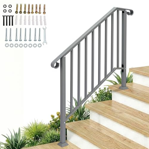 Outopee 3 Level Outdoor Handrail for 3-4 Steps, Silver | Galvanized Iron Stair Railing, Banister With Installation Kit, For Garden, House Entrance, Backyard & Balcony