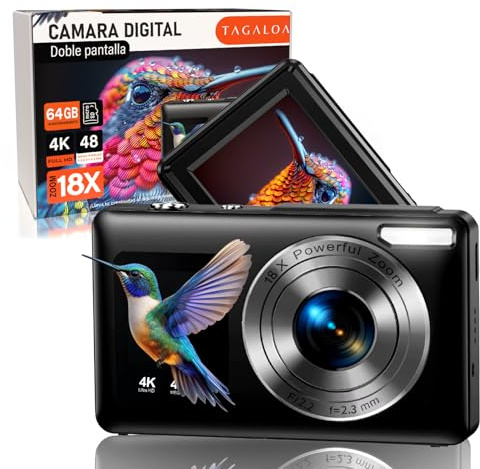 | TAGALOA® Camara De Fotos Digital con 48 MP + Tarjeta SD 64GB + Bolsa De Transporte | Zoom Digital 18X | Camara De Fotos | Camara Digital De Doble Pantalla | Cámara para Niños y Adolescentes