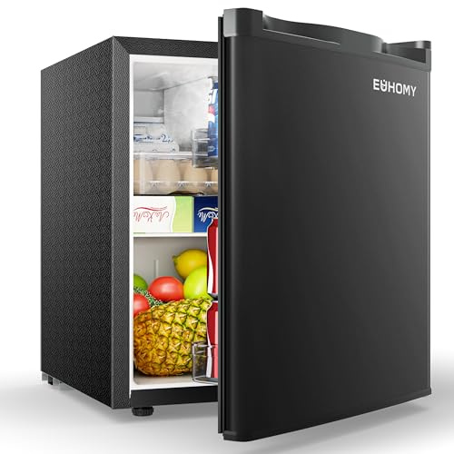EUHOMY 46L Mini Fridge - Small Table Top Fridge with Reversible Door & Chiller Box, 7-Level Adjustable Thermostat, 38dB Ultra-Quiet - Perfect for Bedroom & Office, Energy Efficient, Black | Reversible Door & Chiller Box, Perfect for Bedroom & Office, Energy Efficient [Energy Class E], Small Table Top Fridge